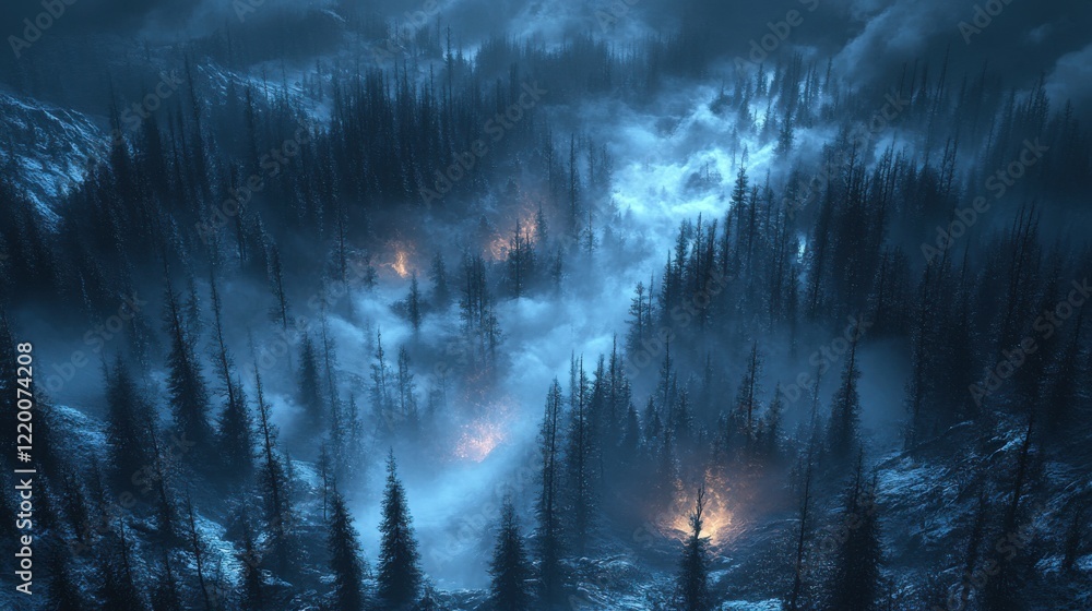 Obraz premium Enchanted Forest: Mystical Fog and Dramatic Shadows in Isometric View