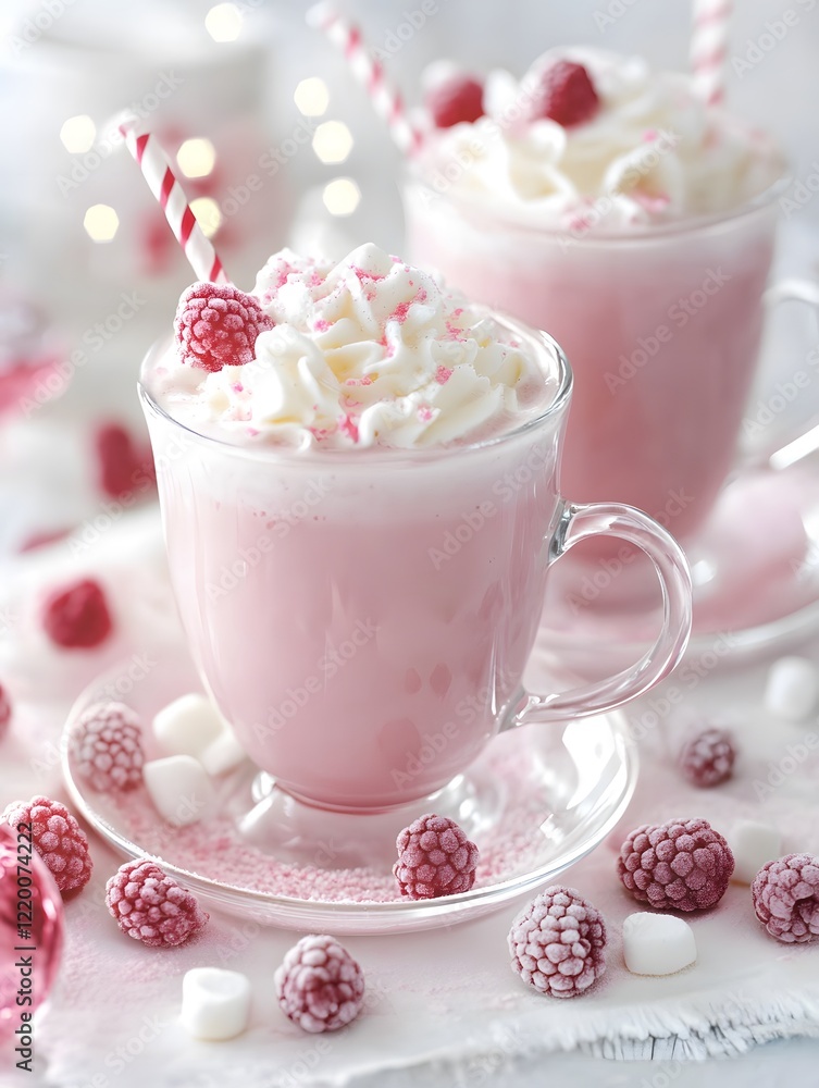 White chocolate latte topped with raspberries and marshmallows, Generative AI White chocolate latte topped with raspberries and marshmallows, Generative AI