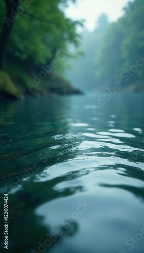 Rain falls onto a tranquil lake with ripples and waves, waves, water