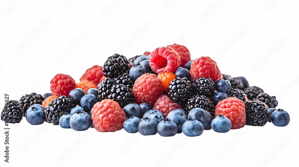 Mixed berries pile, studio shot, white background, food photography Mixed berries pile, studio shot, white background, food photography