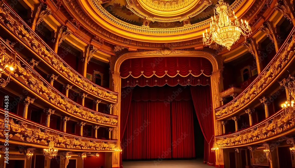 Fototapeta premium Ornate Golden Theater Interior With Red Curtains