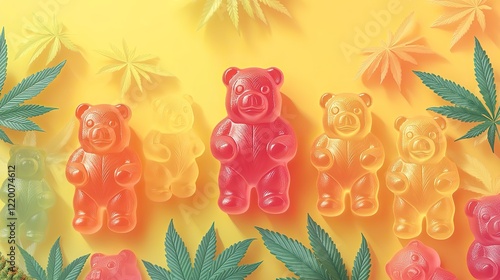 Gummy bears, cannabis leaves, and buds arranged on a bright yellow background. This colorful candy mix with green leaves and buds is suitable for themes related to CBD edibles and cannabis sweets.