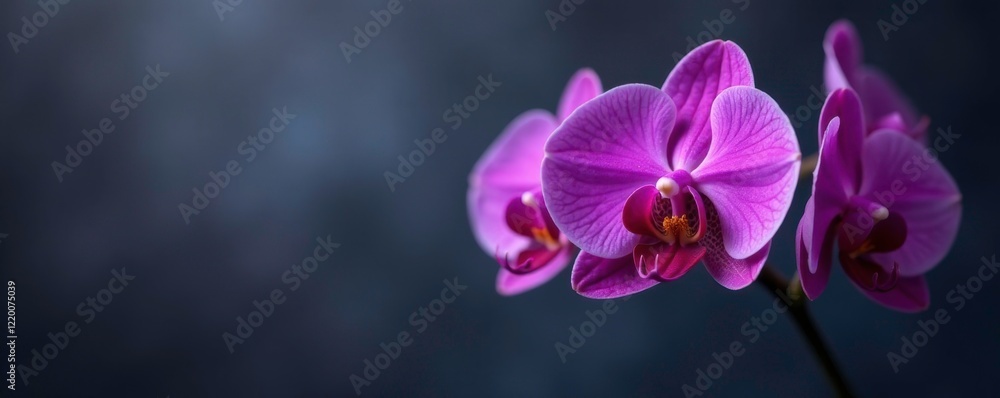 Naklejka premium Dark orchid blooms with violet dots against muted grey background, botanical, darkbackground, purplegrapes