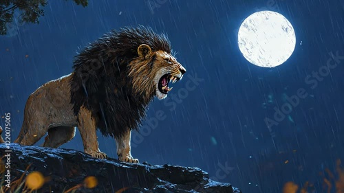 Majestic lion roars under full moon during a rainstorm in the wilderness