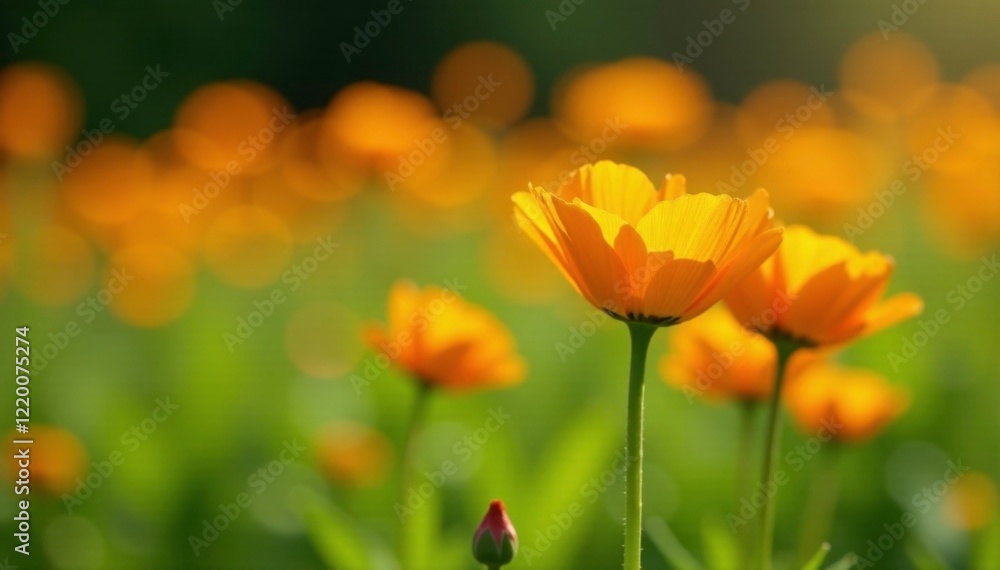 Ranunculus flowers in a sunny garden field with tall stems, stems, orange, nature