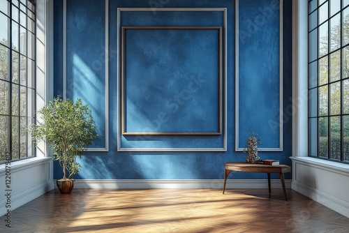 Minimalist Living Room with Blue Wall, White Ceiling, Wooden Floor, Mock - up TV Frame and Striped Accent Paneling photo