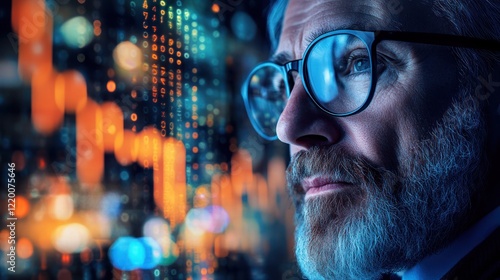 Wallpaper Mural Close-up of a thoughtful man with glasses, overlaid with digital data visuals. Torontodigital.ca