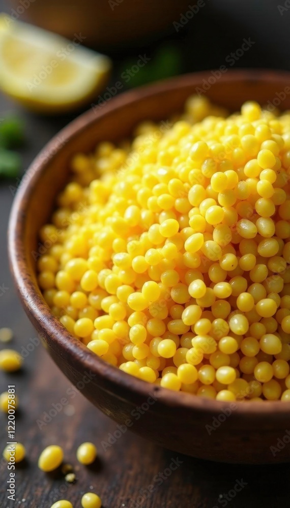 Raw organic yellow couscous grain seeds in a shallow bowl, couscous, Raw organic yellow couscous grain seeds in a shallow bowl, couscous,