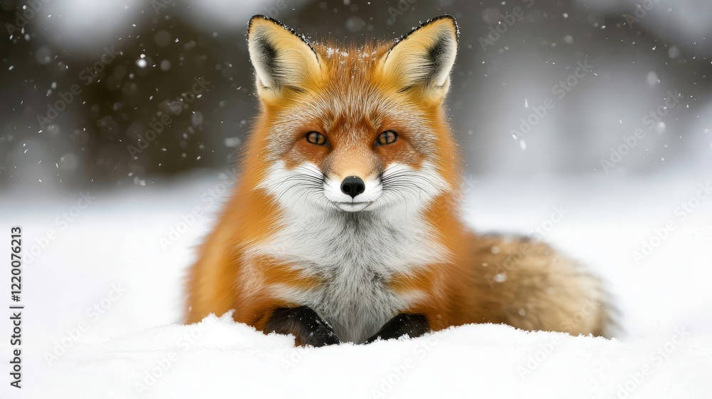 Obraz premium Close-Up of a Majestic Red Fox Resting in a Snowy Landscape Surrounded by Falling Snowflakes, Showcasing Its Stunning Fur and Intense Eyes