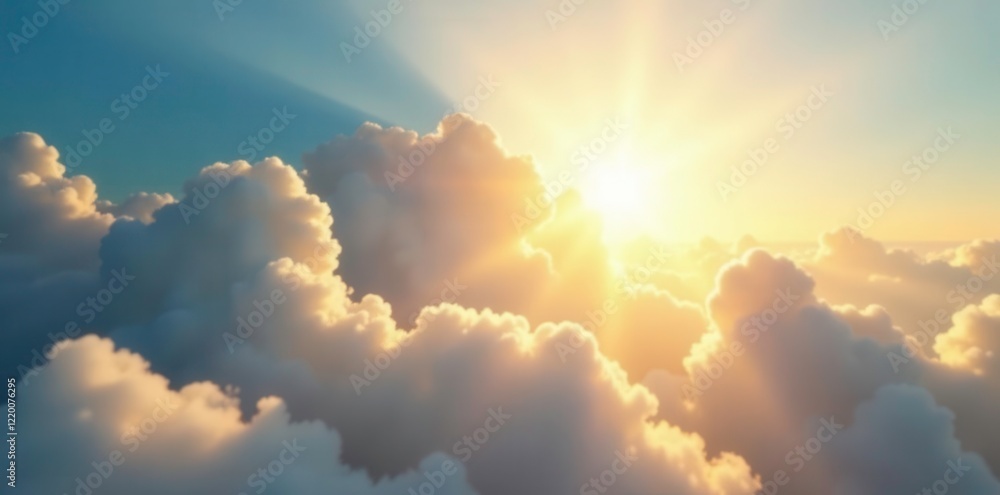 Rays of the sun peek through the soft and fluffy clouds, sun rays, gentle Rays of the sun peek through the soft and fluffy clouds, sun rays, gentle