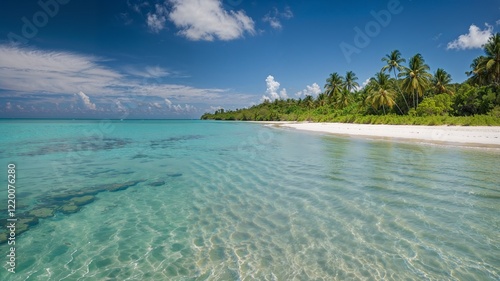Tropical Sandy Beach with Island and Blue Horizon View