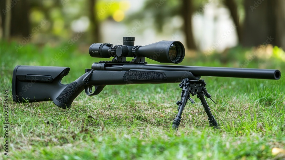 A black rifle with a scope and bipod resting on grass, designed for precision shooting. A black rifle with a scope and bipod resting on grass, designed for precision shooting.
