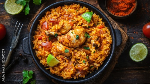 Traditional Mexican arroz con pollo with rice and chicken. Featuring a hearty and flavorful dish. Highlighting the texture and spices of the arroz con pollo. Ideal for food and cultural themes.