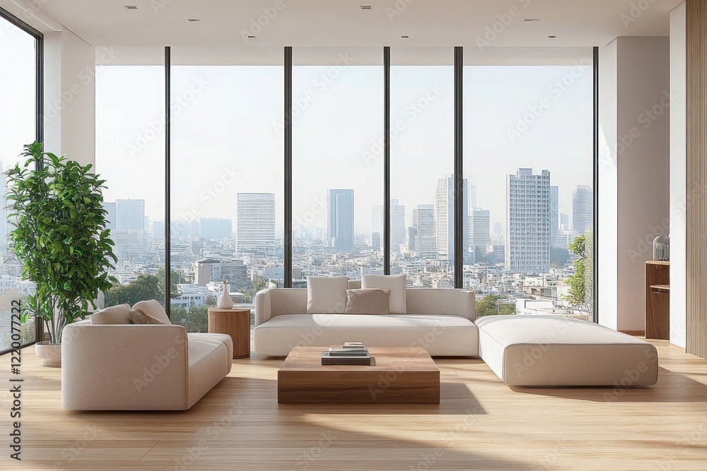 Fototapeta premium Minimalistic Scandinavian Living Room with Panoramic City View and Cozy Furnishings
