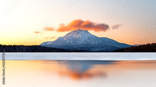 Majestic snow-capped mountain sunset reflection, serene winter lake photo