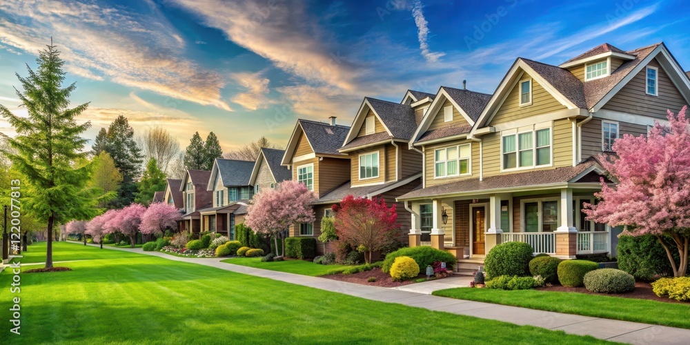 A row of suburban homes with bright green lawns and blooming flowers in the front yard A row of suburban homes with bright green lawns and blooming flowers in the front yard