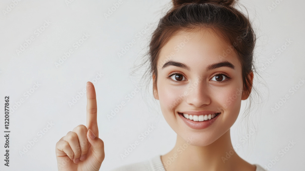 young woman with joyful expression is smiling and raising her index finger, suggesting idea or realization. Her hair is styled in bun, and she has natural look against light background young woman with joyful expression is smiling and raising her index finger, suggesting idea or realization. Her hair is styled in bun, and she has natural look against light background
