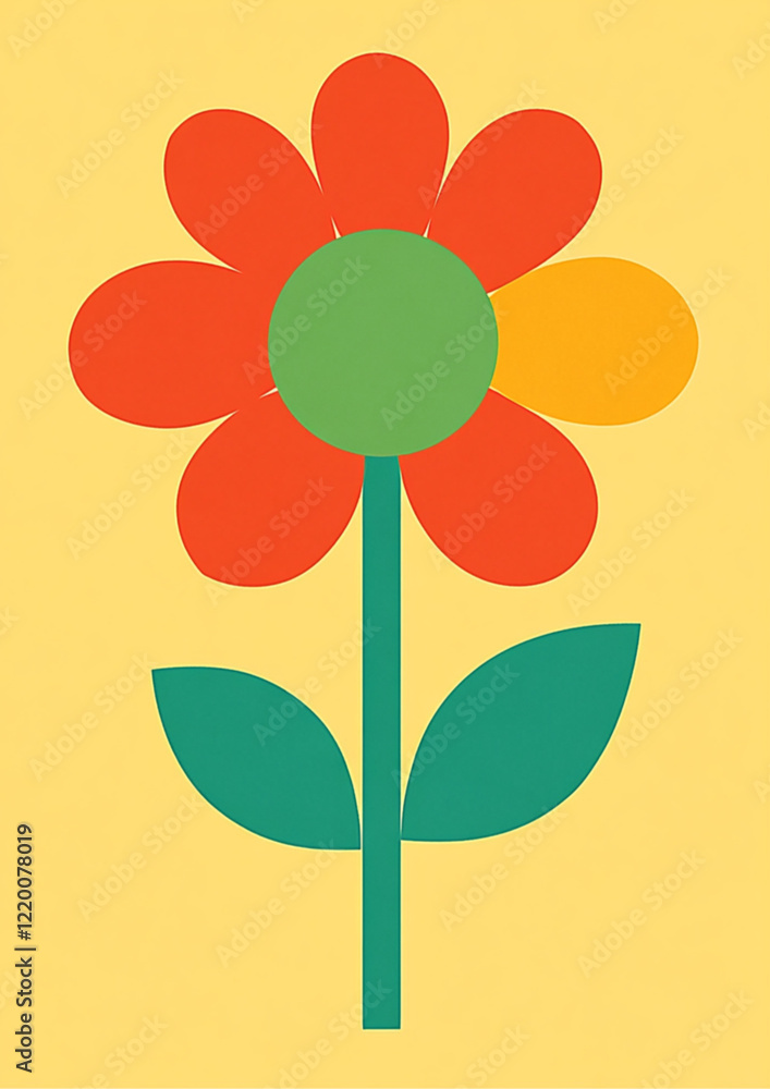 a flower with leaves, clipart, featuring a vibrant teal background color, large orange flowers, yellow petals, red dots on top, colorful shapes, and soft shadows. a flower with leaves, clipart, featuring a vibrant teal background color, large orange flowers, yellow petals, red dots on top, colorful shapes, and soft shadows.
