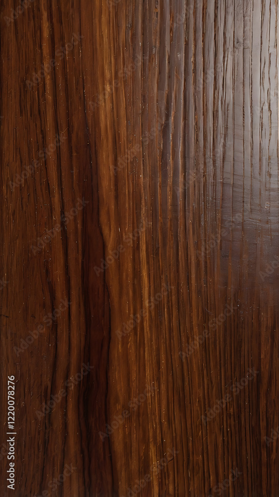 Naklejka premium A polished wood surface with smooth, rich mahogany tones and a reflective sheen, highlighting the natural beauty of the grain.