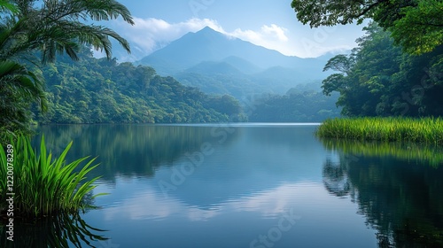 Lake view in Yanoda Rainforest Park, Hainan, China. Exotic tropical jungle landscape with lush greenery.
