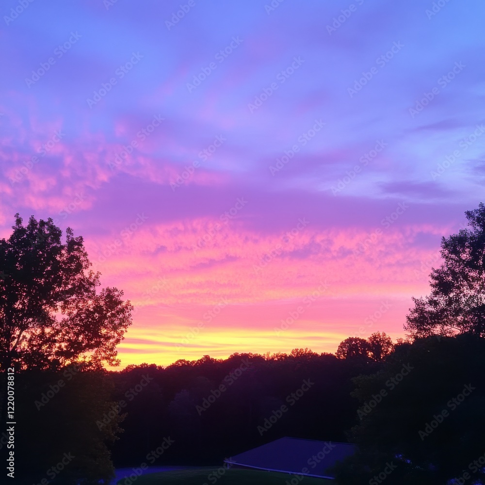 Vibrant Sunset Sky Over Silhouetted Trees in Lush Forested Landscape Vibrant Sunset Sky Over Silhouetted Trees in Lush Forested Landscape
