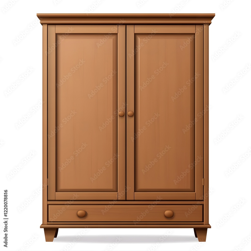 Front view of brown wardrobe furniture isolated. House home room interior decoration clothing garment storage rack drawer object with door, closed, cabinet, vertical locker Front view of brown wardrobe furniture isolated. House home room interior decoration clothing garment storage rack drawer object with door, closed, cabinet, vertical locker