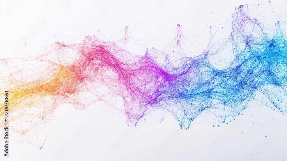 Fototapeta premium Abstract colorful wave of interconnected lines and dots representing data or connectivity.