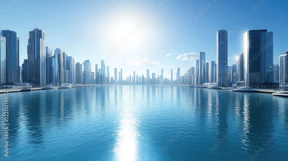 Obraz premium A panoramic city skyline featuring a marina bordered by sleek, reflective skyscrapers under a bright, midday sun. The blue water and cloudless sky emphasize the modern urban architecture.
