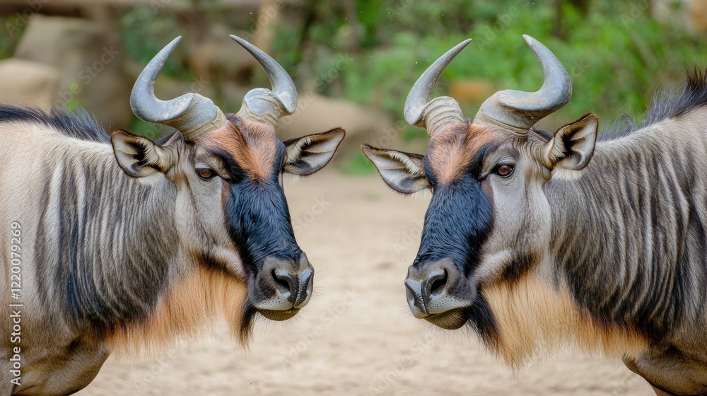 Two wildebeests facing each other in a natural setting. Two wildebeests facing each other in a natural setting.