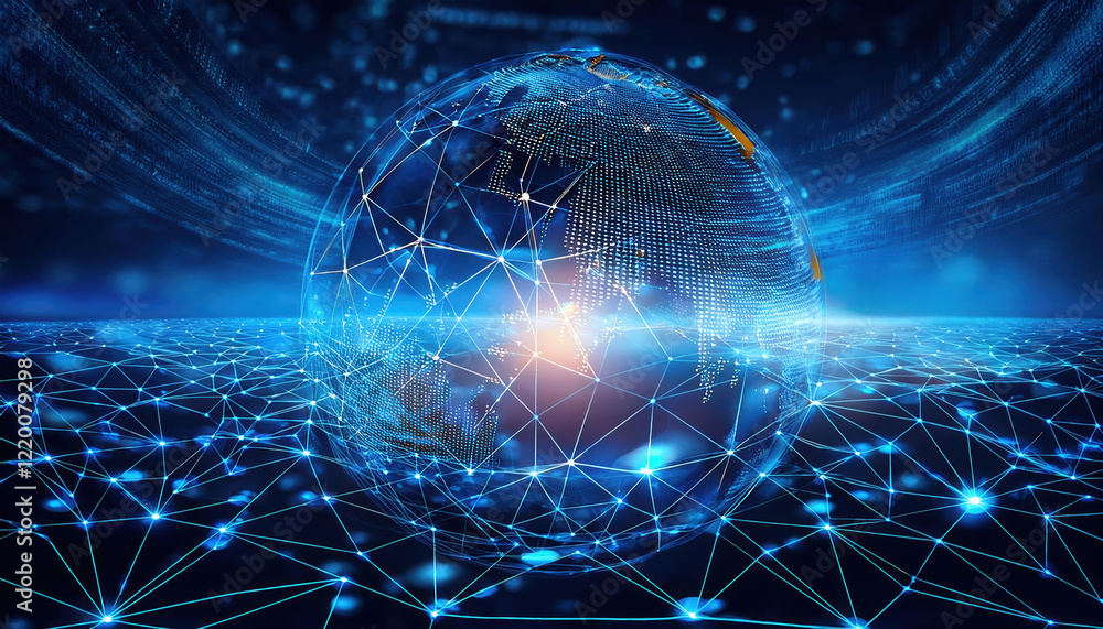 3D illustration of global network with blockchain themes, showcasing interconnected nodes and digital globe, symbolizing 3D illustration of global network with blockchain themes, showcasing interconnected nodes and digital globe, symbolizing