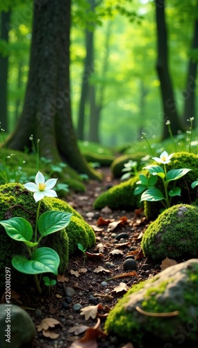 Forest floor carpeted with wild trillium flowers, Woodland Flowers, Pictured Rocks