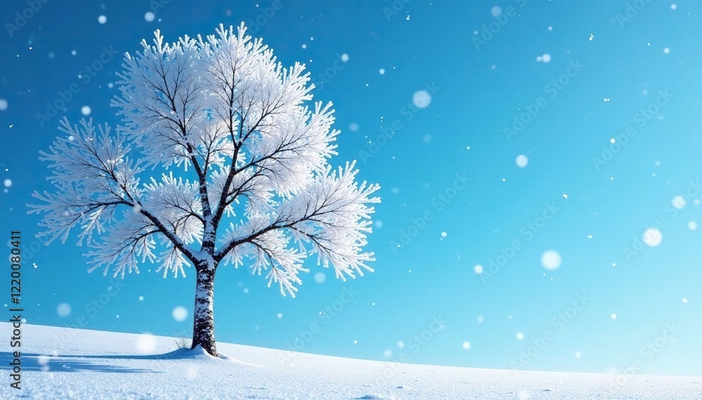 Frost-covered birch tree silhouetted against a bright blue winter sky with scattered snowflakes, sky, white, blue Frost-covered birch tree silhouetted against a bright blue winter sky with scattered snowflakes, sky, white, blue
