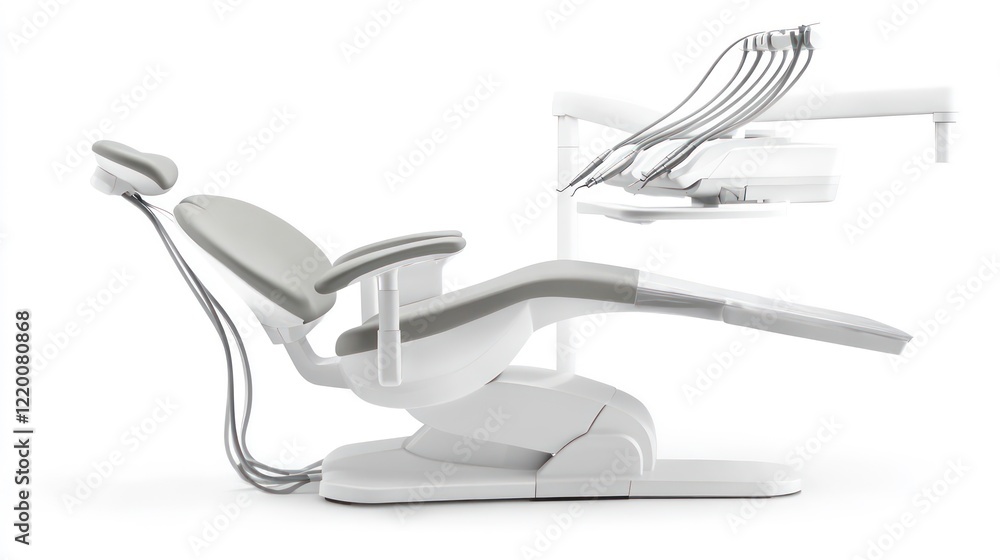 Modern dental chair and equipment in a white and gray color scheme, isolated on a white background. Modern dental chair and equipment in a white and gray color scheme, isolated on a white background.