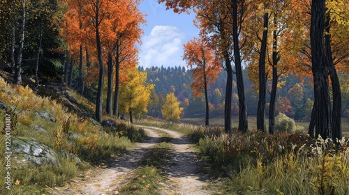 Autumnal forest path  winding road  hills  fall foliage  nature  scenic landscape  idyllic background  travel  poster
