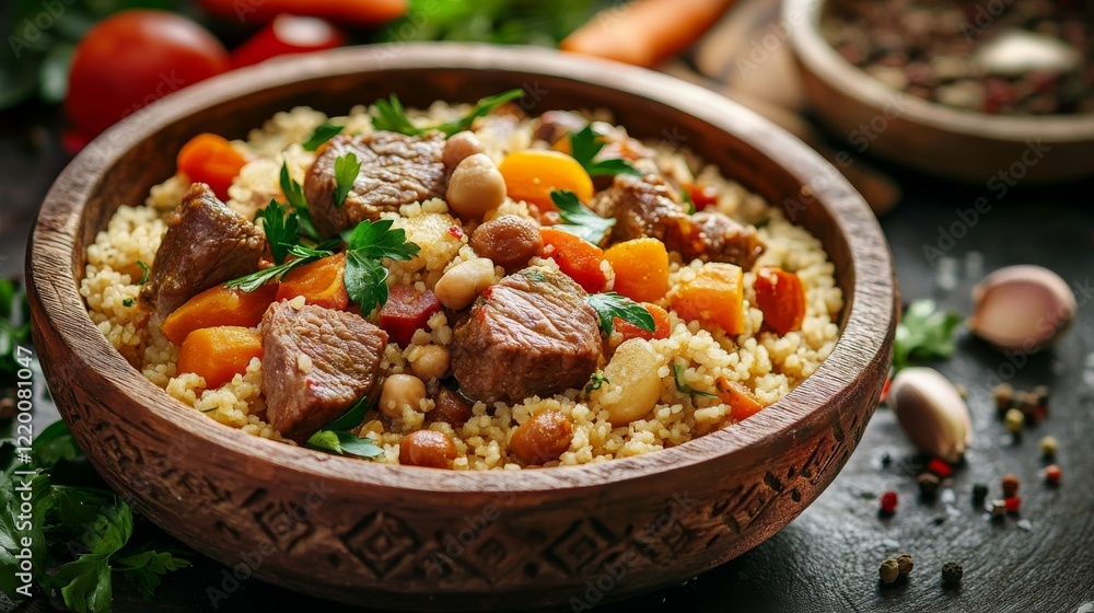 Traditional Moroccan couscous with lamb and vegetables. Featuring a flavorful and aromatic dish. Highlighting the texture and flavors of the couscous. Ideal for food and cultural themes. Traditional Moroccan couscous with lamb and vegetables. Featuring a flavorful and aromatic dish. Highlighting the texture and flavors of the couscous. Ideal for food and cultural themes.