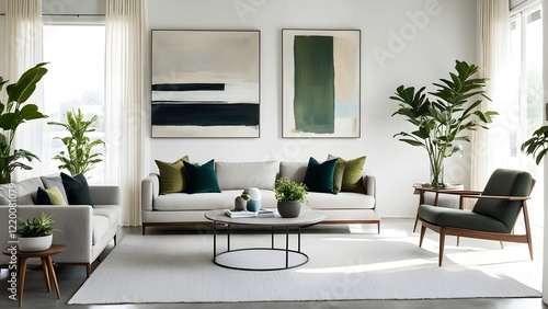 Modern living room interior with a light beige sofa, green accents, and abstract artwork.
