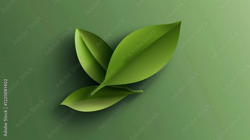 Fototapeta premium Three green leaves on a green background.