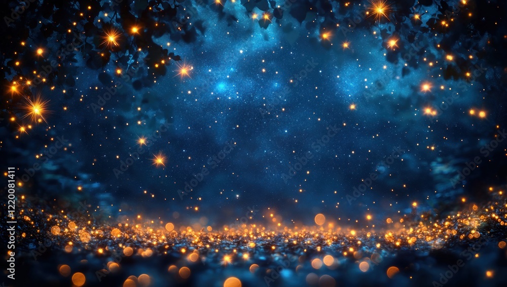 Naklejka premium Christmas Tree Lights and Stars on a Blue Background for Holiday Greeting Cards