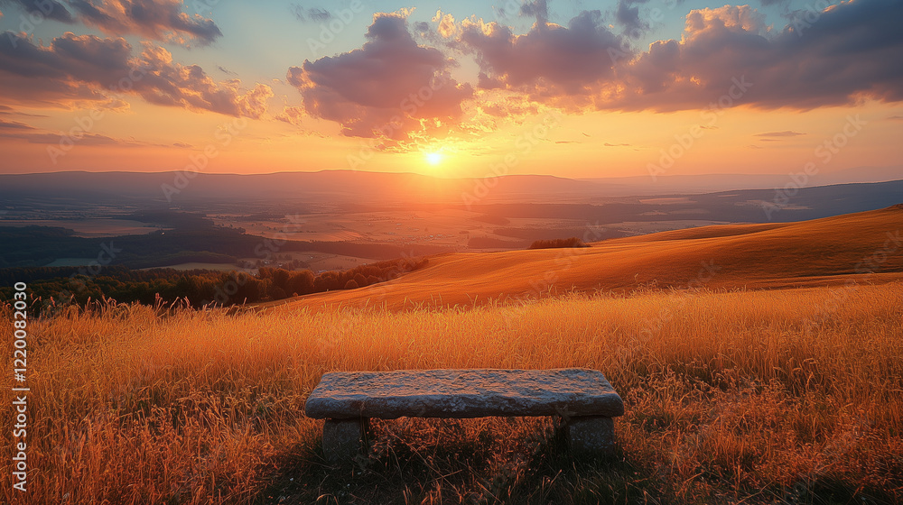 Serene Sunset Landscape with Bench on Hilltop Serene Sunset Landscape with Bench on Hilltop