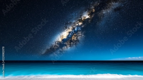 Milky Way over tranquil ocean beach at night photo