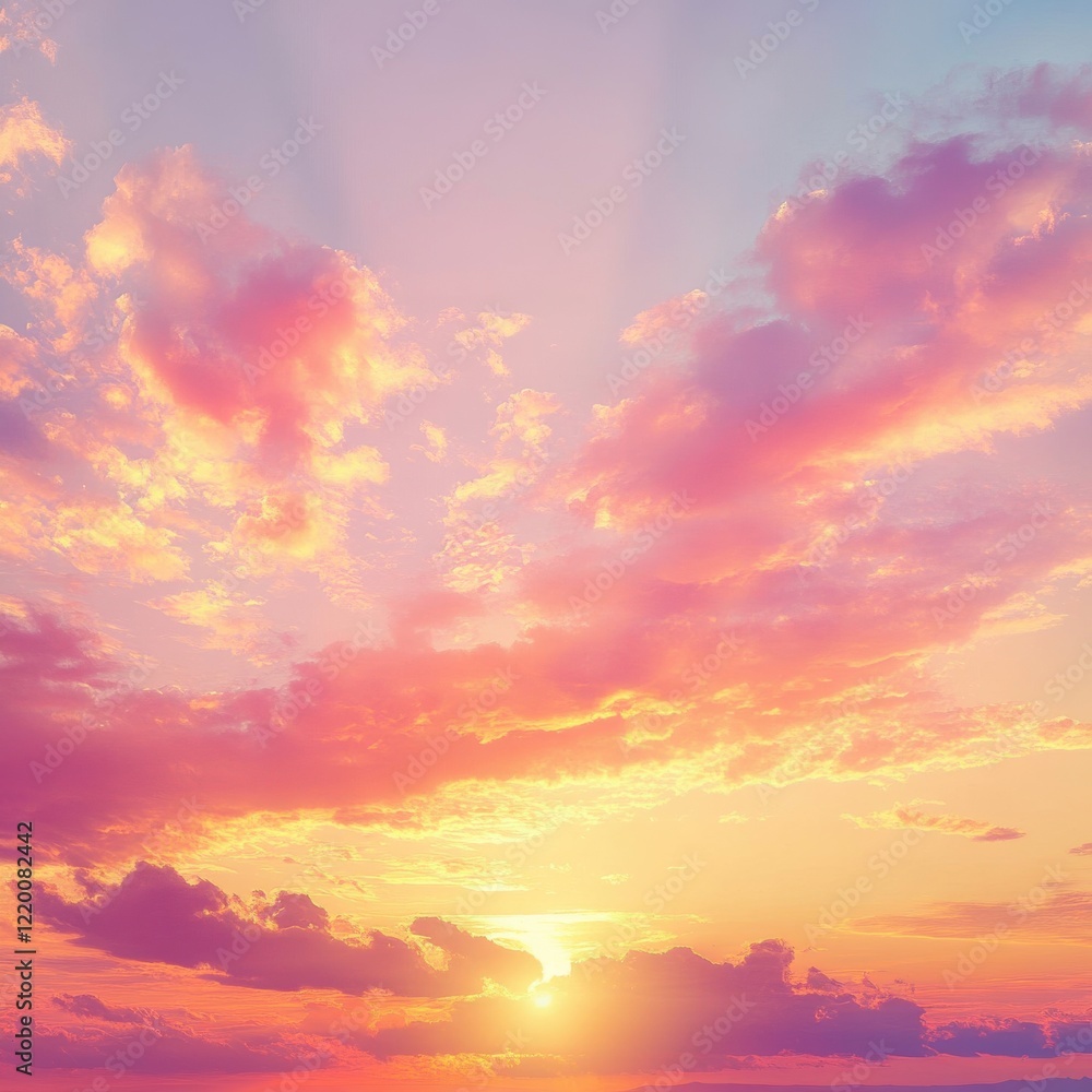 Fototapeta premium Breathtaking Sunset Sky with Glowing Sun and Vibrant Clouds Over Serene Landscape
