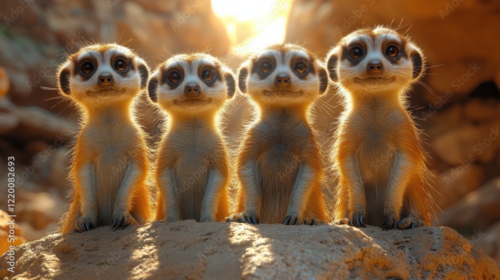 Fototapeta premium Alert Group of Meerkats Suricata Standing on Rocky Outcrop in Their Natural Habitat Under Bright Sunlight