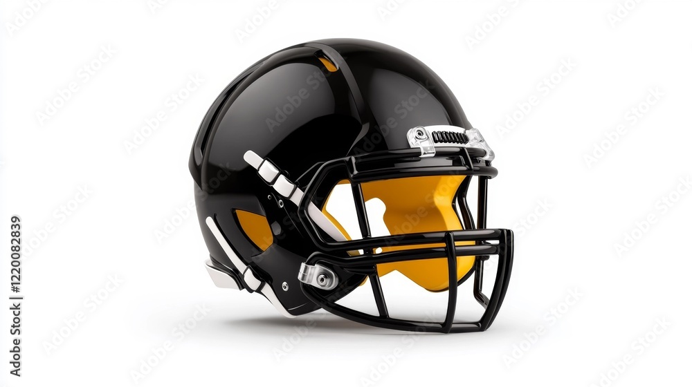 Fototapeta premium Black and yellow football helmet side view isolated on white background. Generative AI