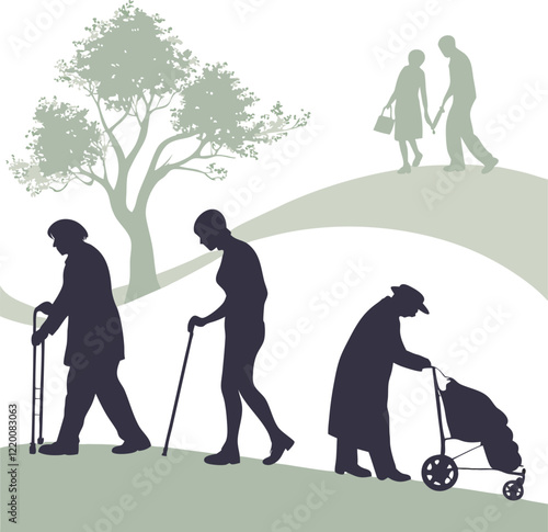 Collection of Senior People Using Walking Aids Silhouette. Senior People Silhouettes with Walking Aids, Elderly Figures in Silhouette, Mobility Aid Vector Art