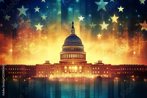 The United States Capitol Hill Illuminated at Sunset with Stars Overhead, Representing Unity and Patriotism to 