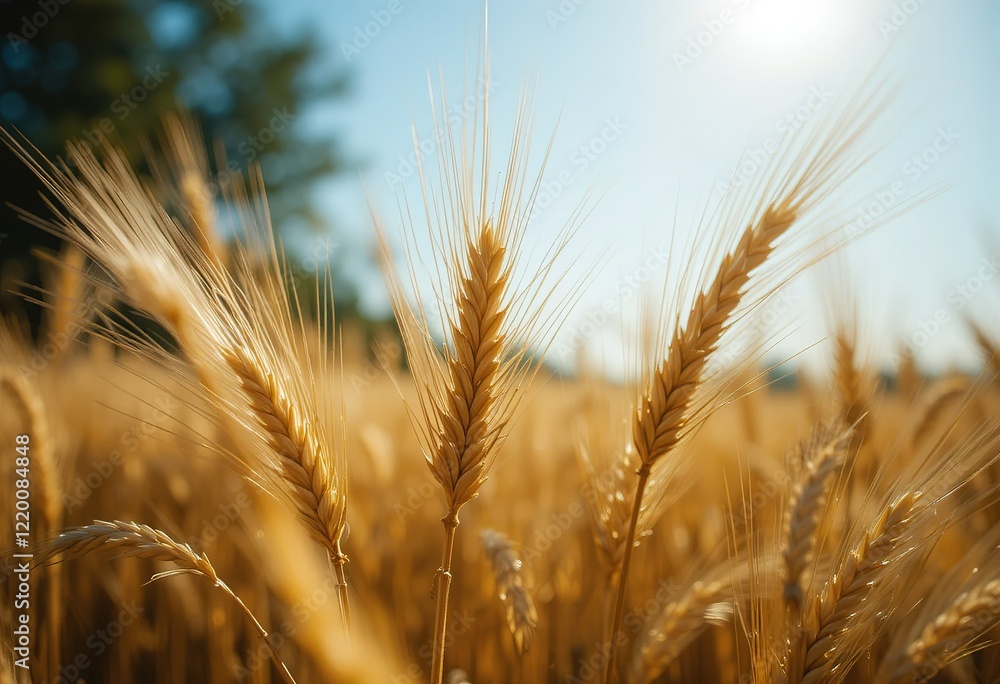 Ripe golden wheat stalks stand tall in a sunlit field during the summer harvest season. Ripe golden wheat stalks stand tall in a sunlit field during the summer harvest season.