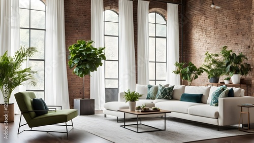 Modern living room interior with a white sectional sofa, green armchair, and numerous potted plants against a brick wall and large windows with sheer curtains.