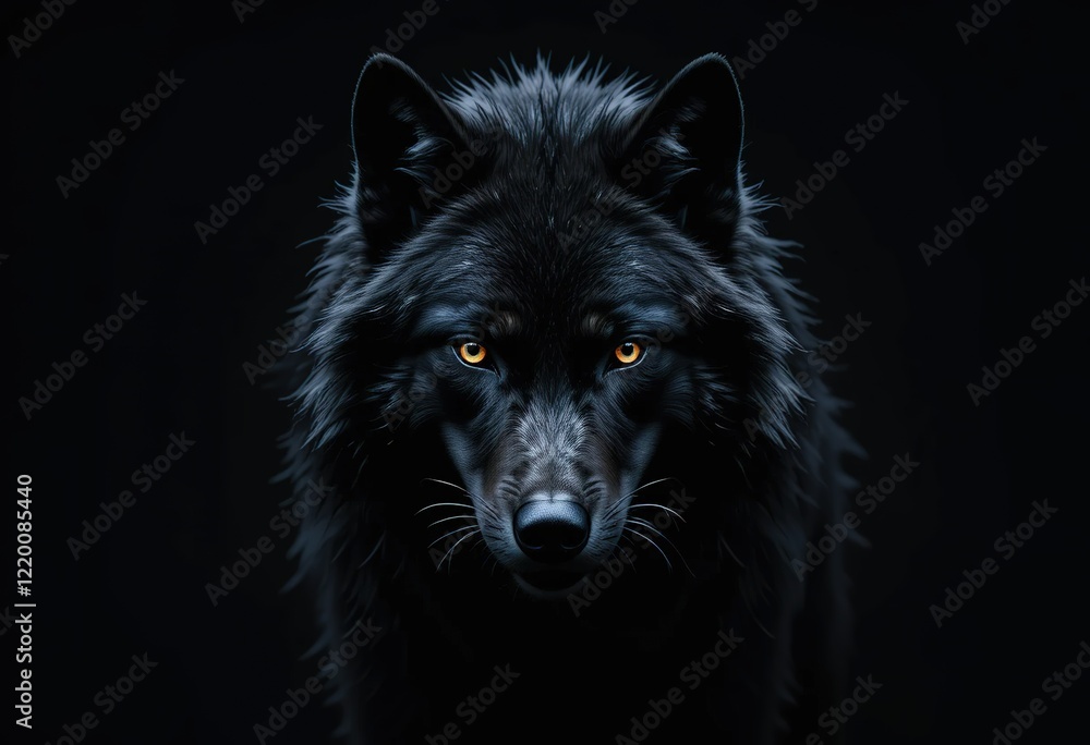 A close-up portrait of a black wolf with intensely glowing eyes against a dark background, showcasing its power and mystique. A close-up portrait of a black wolf with intensely glowing eyes against a dark background, showcasing its power and mystique.