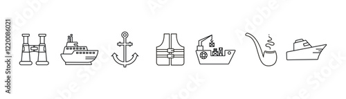 Ships icons. Simple Set of Travel by Sea Related , cargo transportation by water. Vector Line Icons black on white background. Contains such Icons as Port, Cruise Liner, anchor, smoking pipe, life 