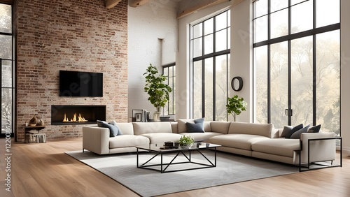 Modern beige sectional sofa in a spacious loft living room with a brick fireplace, large windows, and hardwood floors.